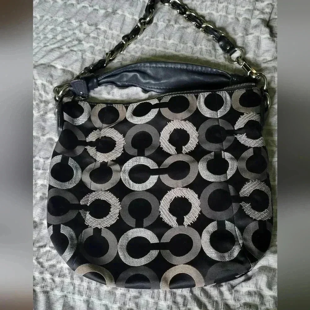 COACH embroidered OP Art Hobo Coach bag, silvers grays, black
